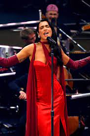 Red corset style concert dress with neck scalf and burgundy gloves