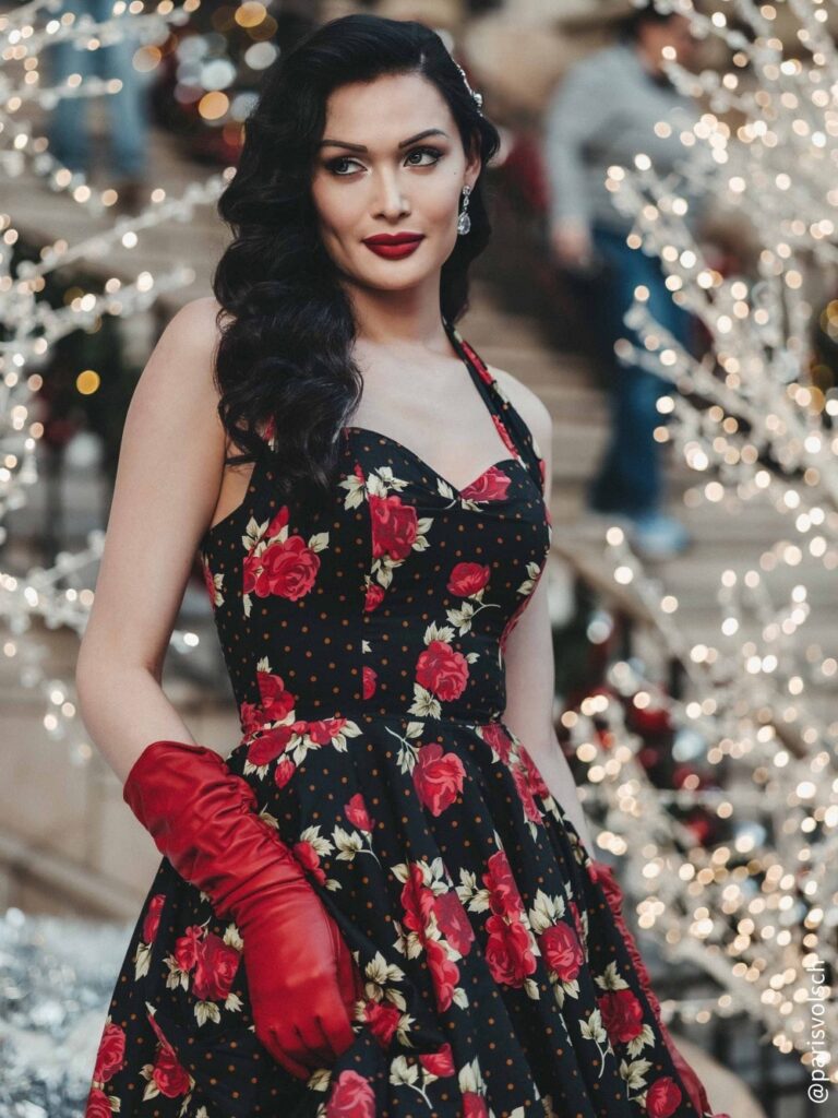 ladies 1950's halterneck dress in black with red designs and red 3/4 gloves