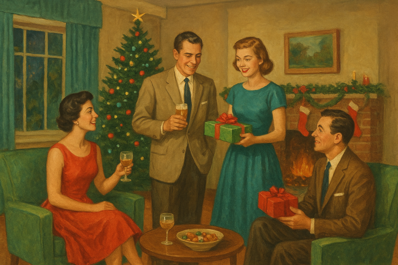 AI image of two couples on christmas day mid century