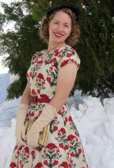 Early 1950s cap sleeve floral red white and green dress with 3/4 sleeved gloves